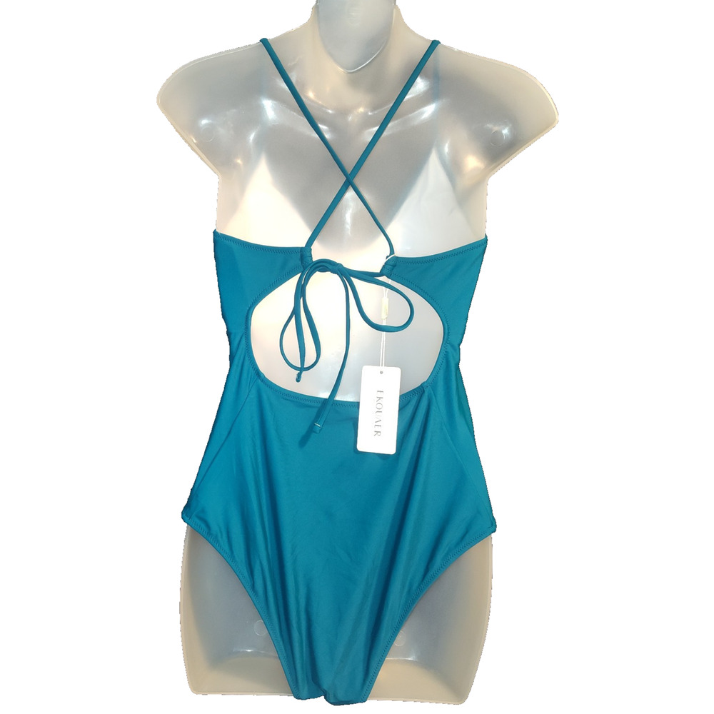 Ekouaer Women’s Blue Teal V Neck Crisscross Style One Piece Swimsuit Size L BG23 - Picture 2 of 4